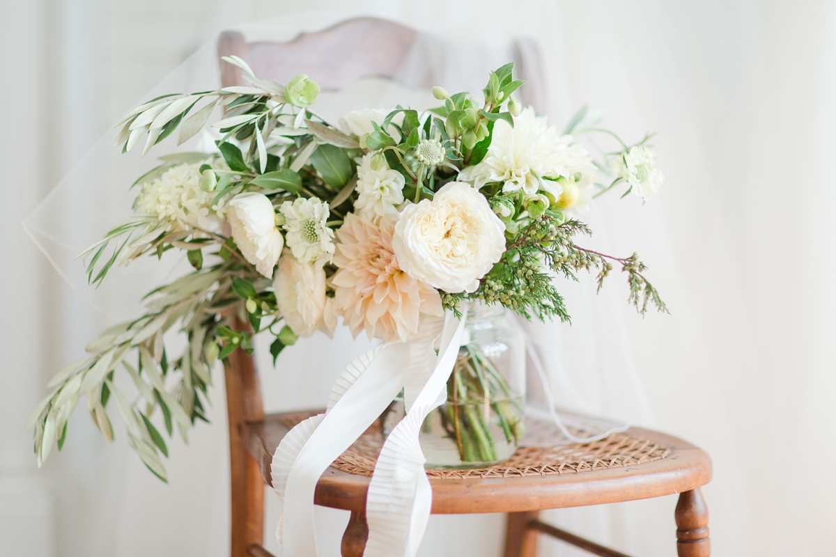 Rustic Richmond Wedding with Dahlia Bouquet of green, white and ivory Flowers