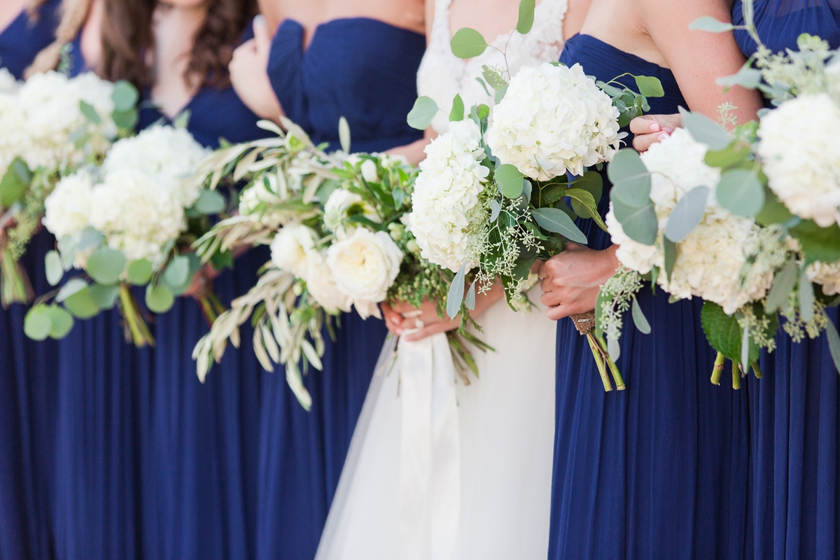 Floor Length Navy Bridesmaid Dress with Natural Bouquets of Green and Ivory
